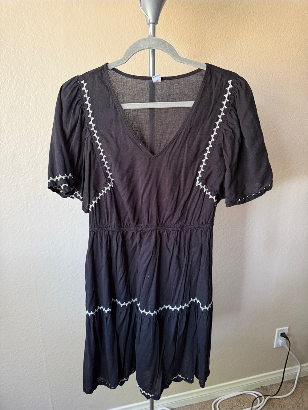 Old Navy Black V-Neck Mini Dress with White Embroidery